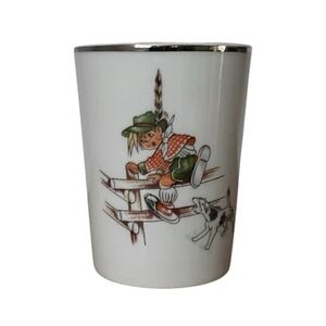 Vintage Suisse Langenthal Porcelain‎ Nursery Cup White Silver Boy Dog Frog Motif